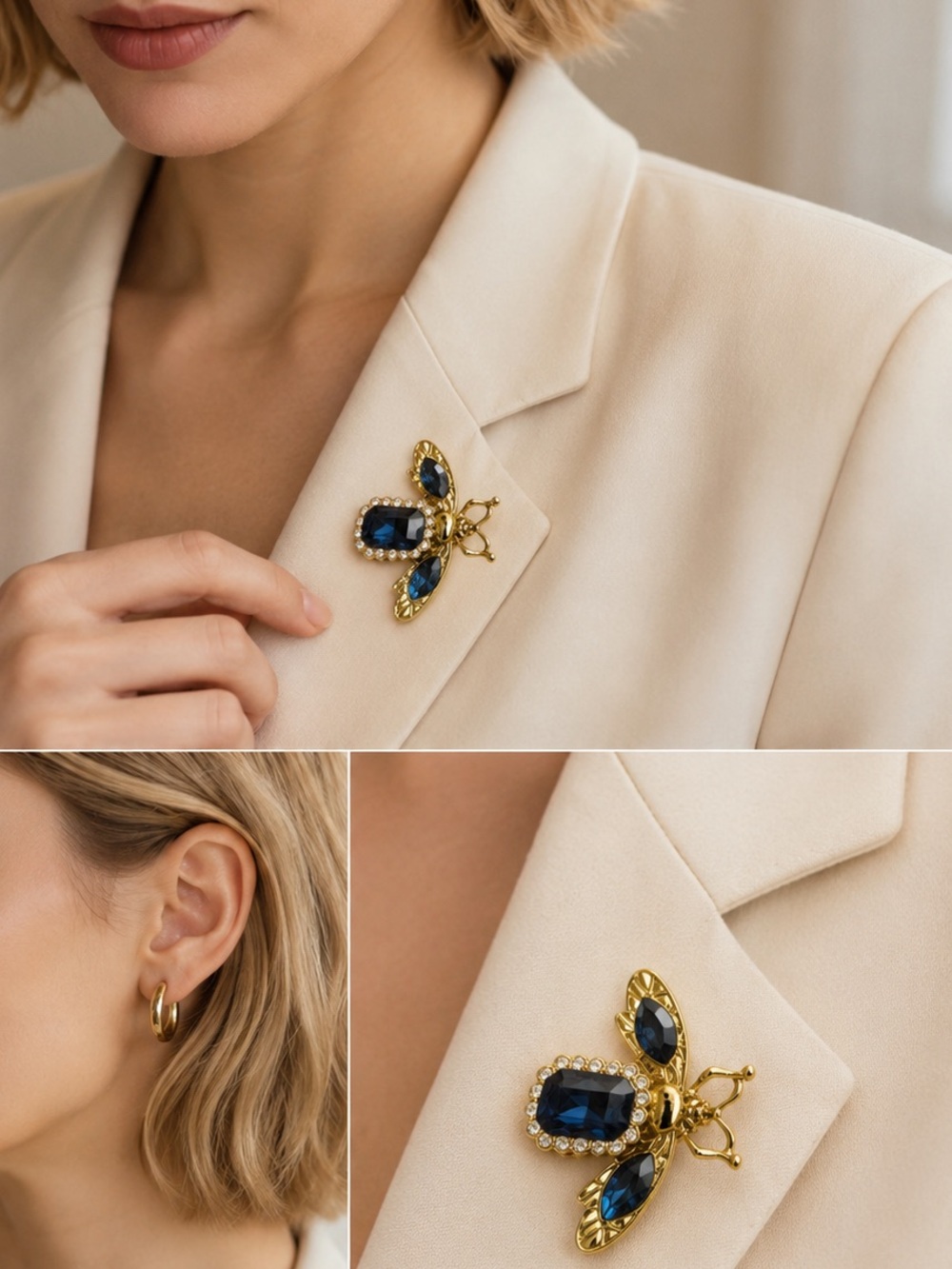 Gold Bee Brooch with Deep Navy Blue Stones - Women Jewelry